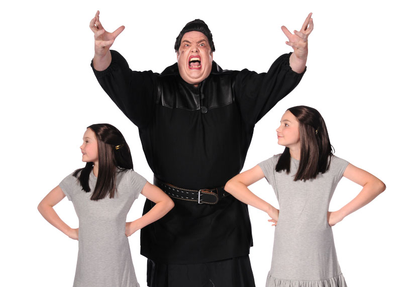 Left to Right: Cora Craver, Andy Lindberg (Miss Trunchbull), Jorja Reed