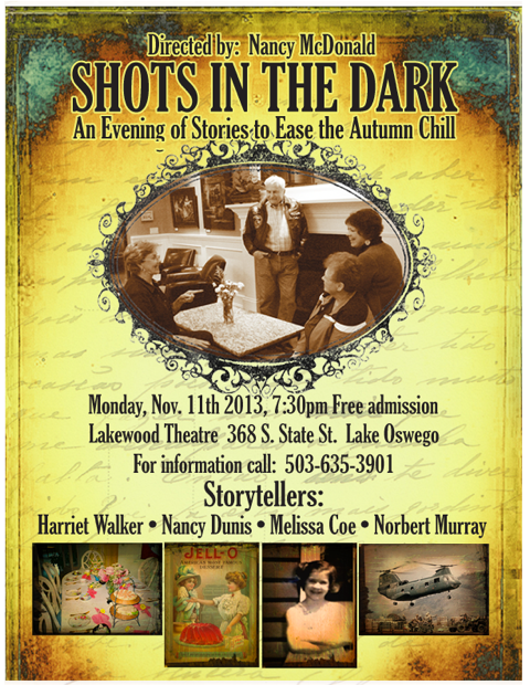 Shots in the Dark, story telling concert at Lakewood Center for the Arts, Nov. 11, 2013 at 7:30 PM