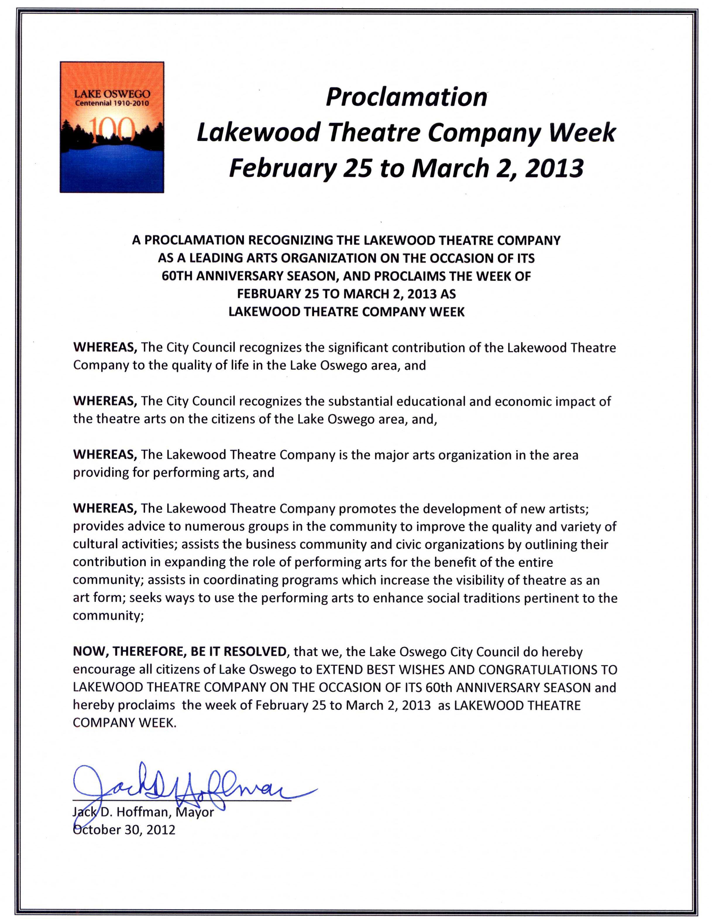 Lakewood Theatre Company proclamation in honor of 60th anniversary year