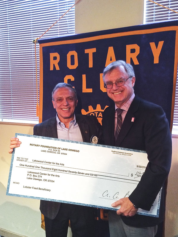 Lake Oswego Rotary shares check with partner organization Lakewood Center for the Arts